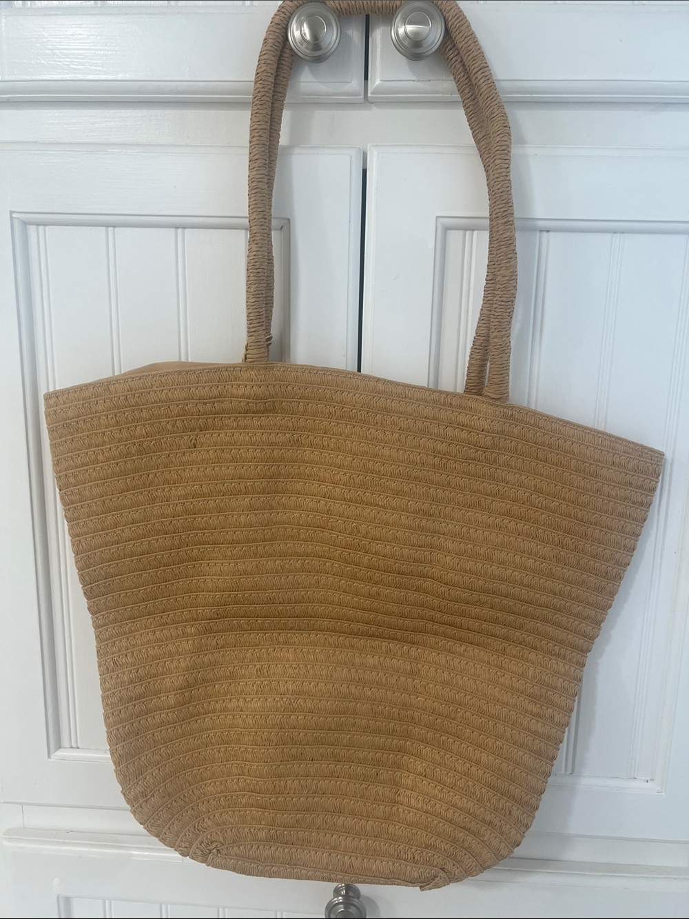 Tan Straw Tote Bag with Pom Pom Accents - Women Bags - Picture 2 of 3